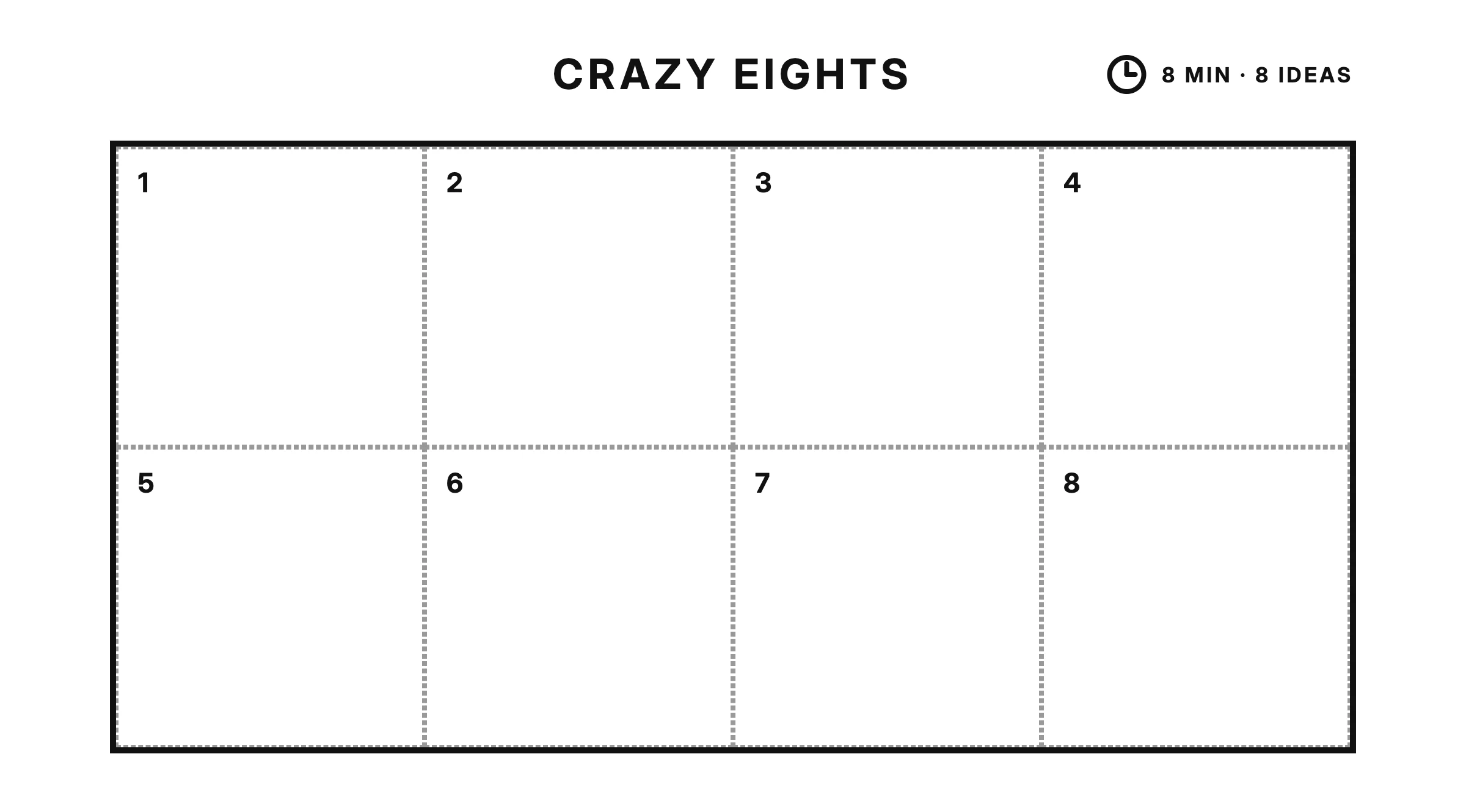 Crazy Eights template — one sheet folded into eight numbered sketch frames, eight minutes for eight ideas