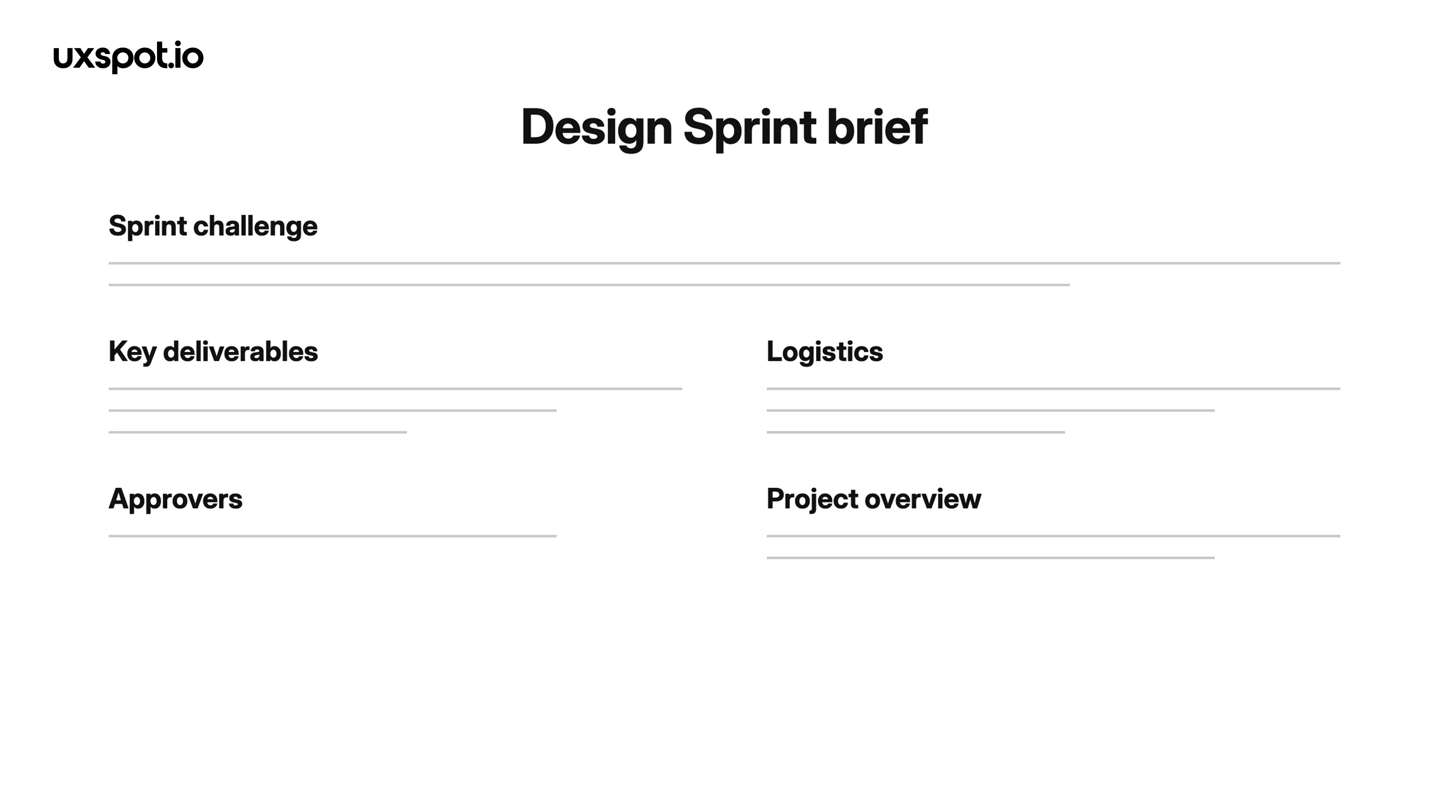 Design Sprint brief template — labelled fields for the sprint challenge, key deliverables, logistics, approvers and project overview