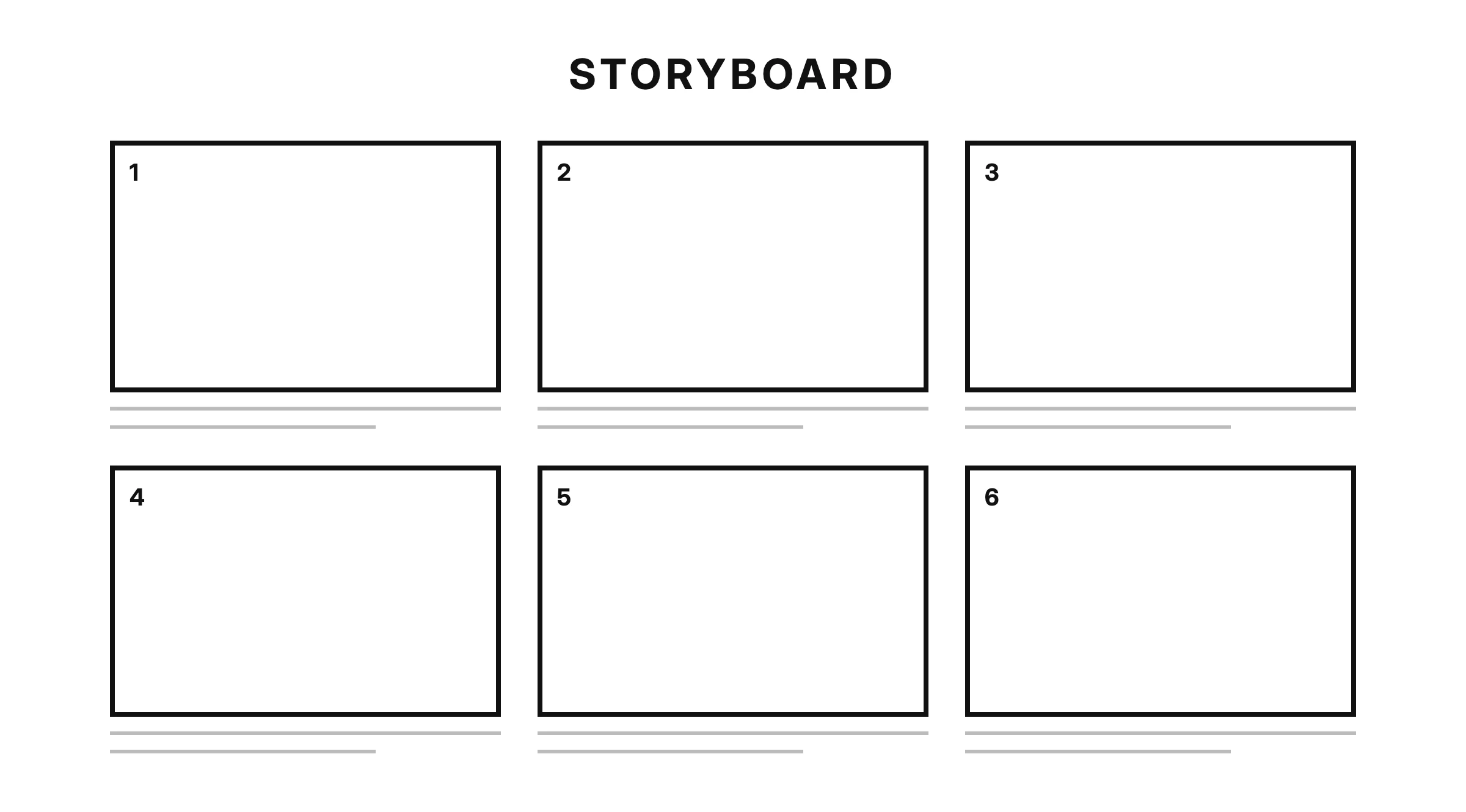 Storyboard template — six numbered sketch frames, each with caption lines underneath