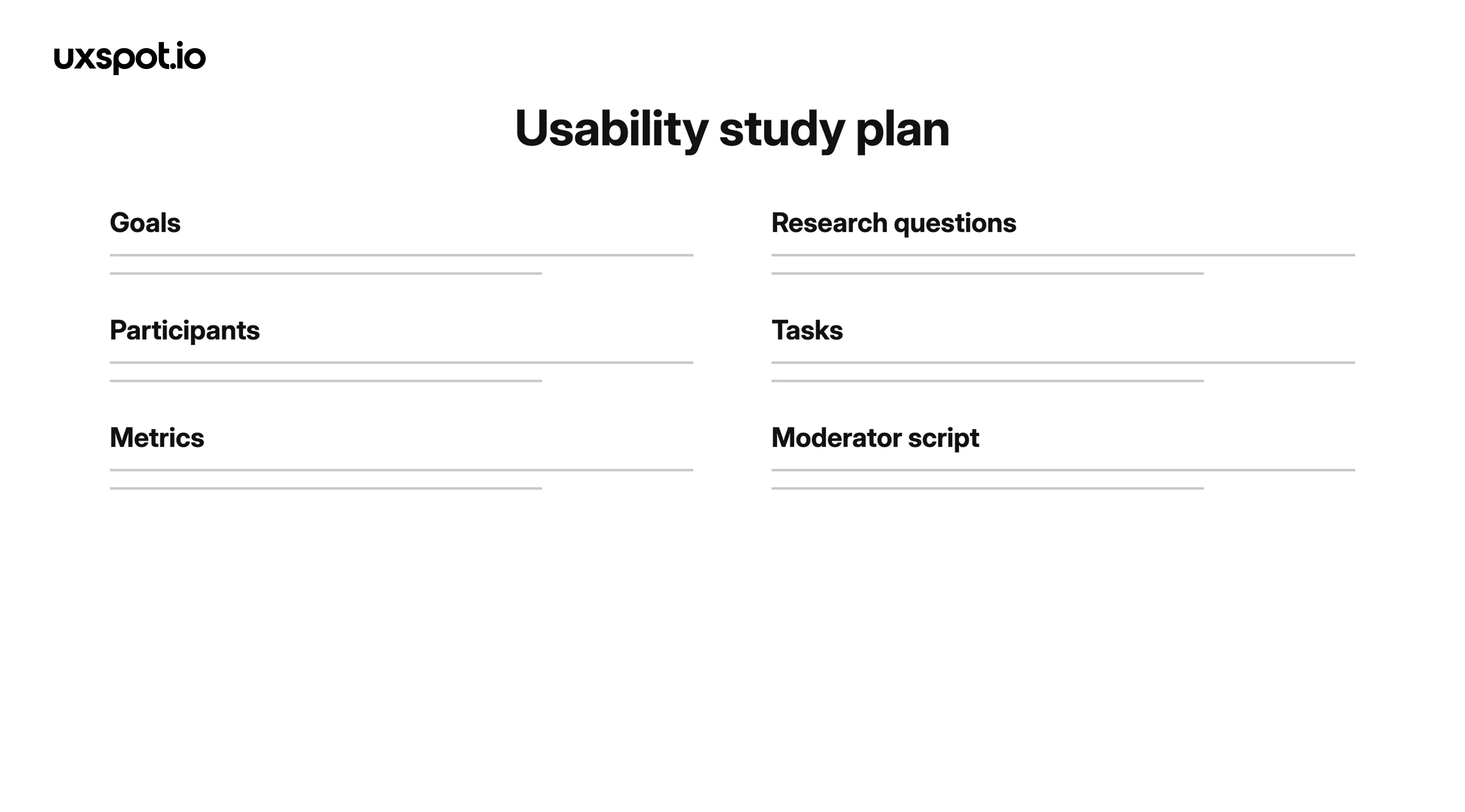 Usability study plan template — labelled fields for goals, research questions, participants, tasks, metrics and the moderator script